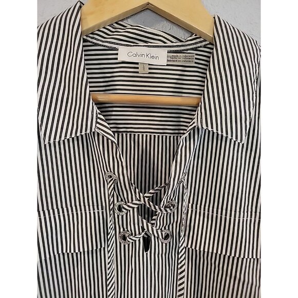 Calvin Klein Collared Shirt Size L Striped Lace Up Neckline Nautical Coastal - Picture 3 of 6